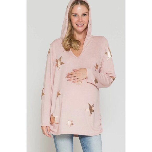 Maternity Star Print Hoodie Top In Pink With Metallic Accents Small - Picture 3 of 3